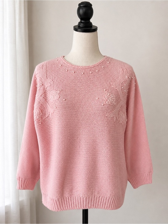 Cristina Sweaters - Pink Pearl Embellished Knit Sweater Vintage L